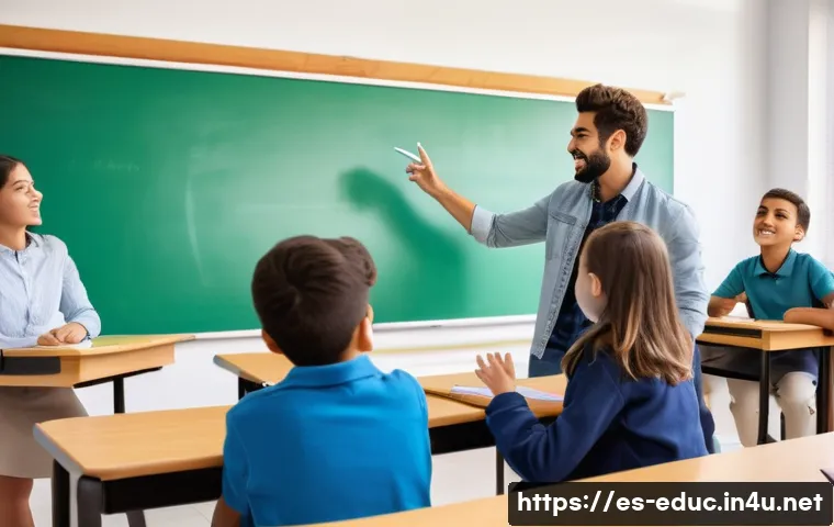 교수법의 효과 비교 - A lively classroom scene in a modern Spanish school where a diverse group of students actively parti...