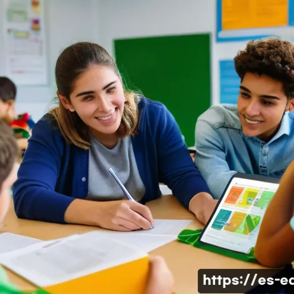 문제 기반 학습법 - A vibrant classroom scene in a modern Spanish school where diverse teenage students actively collabo...