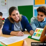 문제 기반 학습법 - A vibrant classroom scene in a modern Spanish school where diverse teenage students actively collabo...