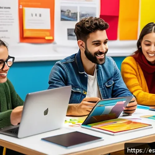 평생교육 개념 - A diverse group of young Spanish-speaking adults engaged in a dynamic classroom setting in a modern ...
