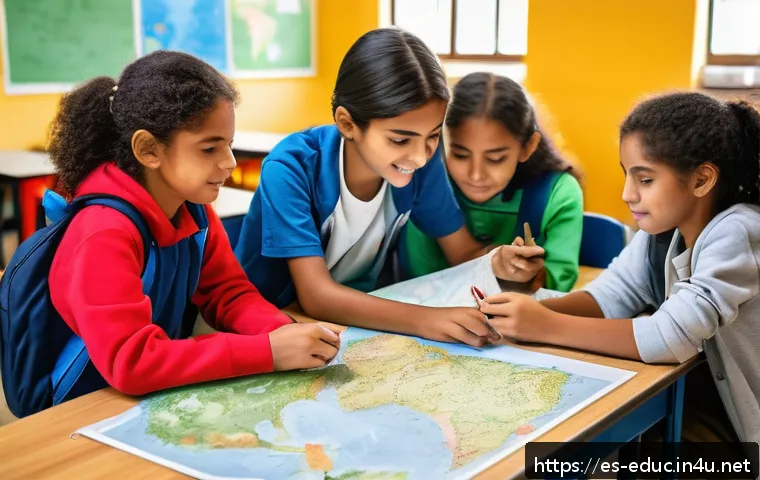 학생 주도 학습 모델 - A vibrant classroom scene in a Latin American public school where diverse students, wearing casual c...