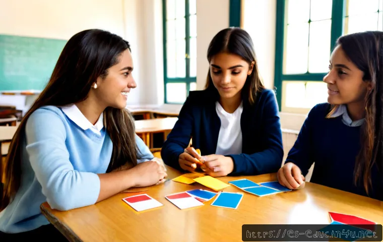 교실 내 협업 기술 - Photorealistic Spanish secondary school classroom in Madrid, four diverse teenage students collabora...